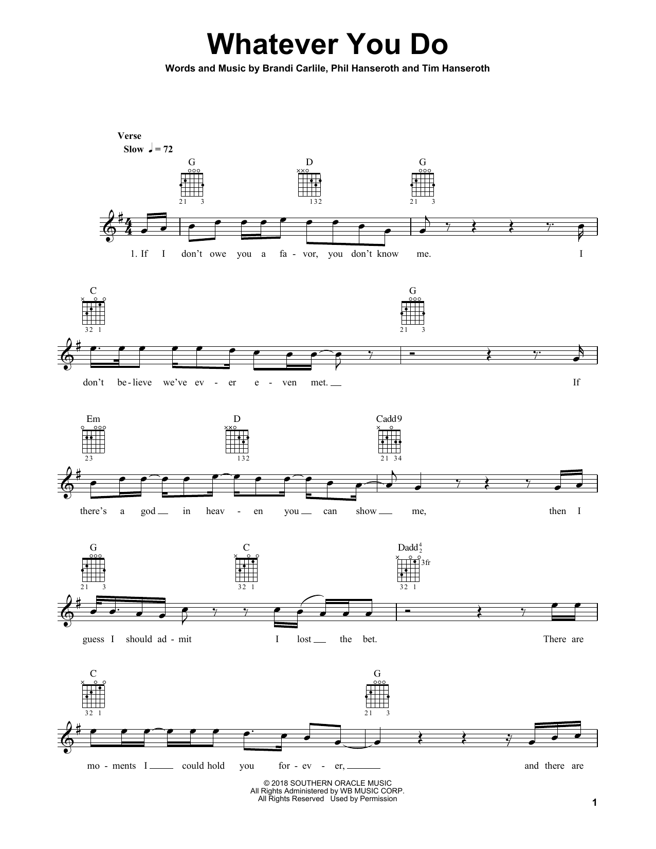 Brandi Carlile Whatever You Do Sheet Music Notes & Chords for Guitar Tab - Download or Print PDF