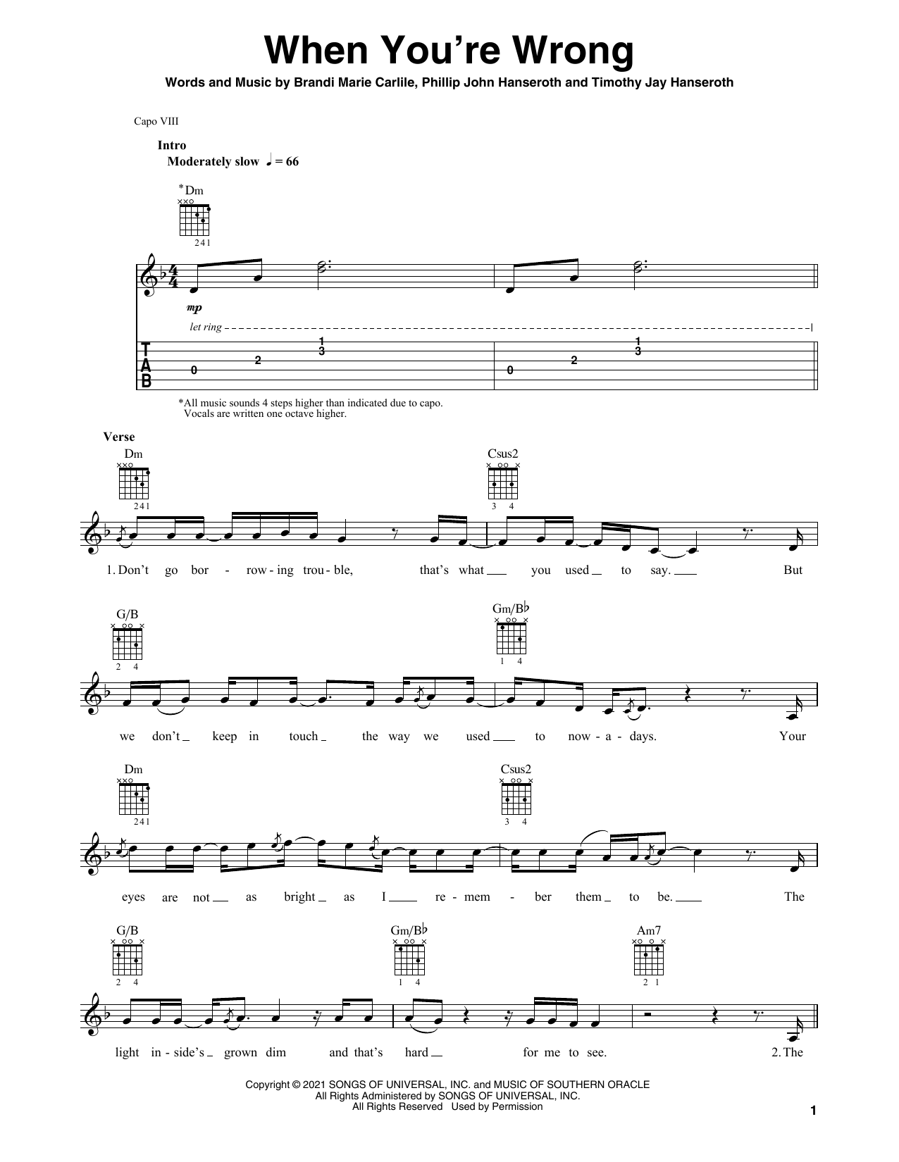 Brandi Carlile When You're Wrong Sheet Music Notes & Chords for Solo Guitar - Download or Print PDF