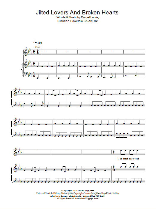 Brandon Flowers Jilted Lovers And Broken Hearts Sheet Music Notes & Chords for Piano, Vocal & Guitar (Right-Hand Melody) - Download or Print PDF
