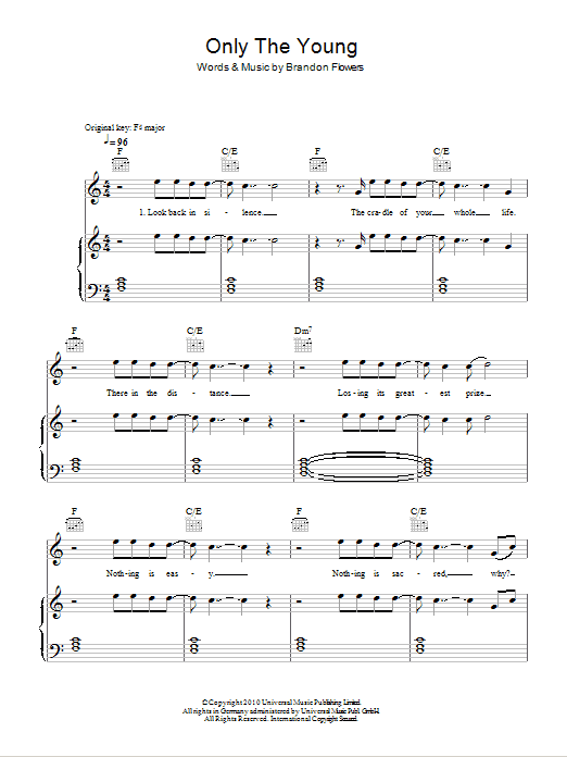 Brandon Flowers Only The Young Sheet Music Notes & Chords for Piano, Vocal & Guitar (Right-Hand Melody) - Download or Print PDF