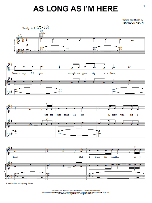 Brandon Heath As Long As I'm Here Sheet Music Notes & Chords for Piano, Vocal & Guitar (Right-Hand Melody) - Download or Print PDF