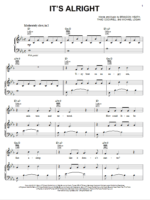 Brandon Heath It's Alright Sheet Music Notes & Chords for Piano, Vocal & Guitar (Right-Hand Melody) - Download or Print PDF