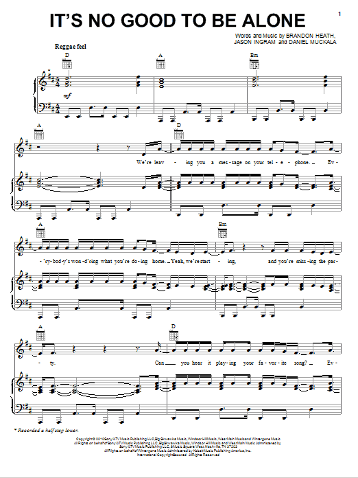 Brandon Heath It's No Good To Be Alone Sheet Music Notes & Chords for Piano, Vocal & Guitar (Right-Hand Melody) - Download or Print PDF