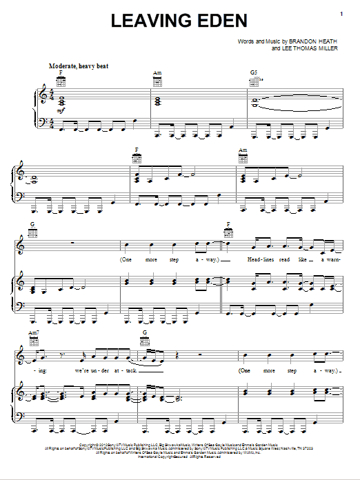 Brandon Heath Leaving Eden Sheet Music Notes & Chords for Piano, Vocal & Guitar (Right-Hand Melody) - Download or Print PDF
