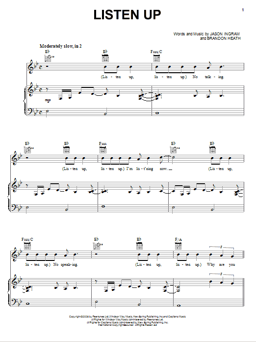 Brandon Heath Listen Up Sheet Music Notes & Chords for Piano, Vocal & Guitar (Right-Hand Melody) - Download or Print PDF Brandon Heath Listen Up Sheet Music Notes & Chords for Piano, Vocal & Guitar (Right-Hand Melody) - Download or Print PDF