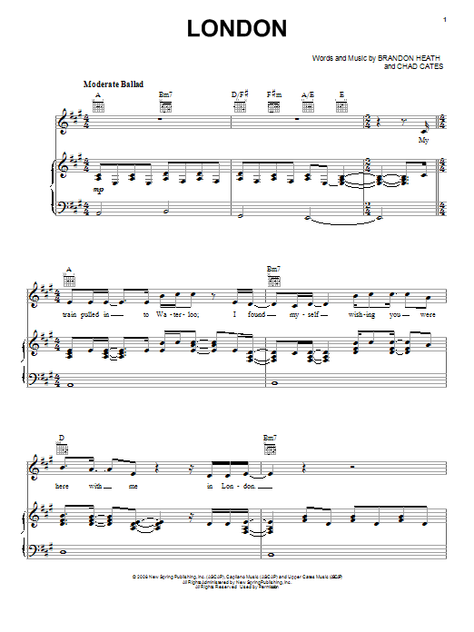Brandon Heath London Sheet Music Notes & Chords for Piano, Vocal & Guitar (Right-Hand Melody) - Download or Print PDF