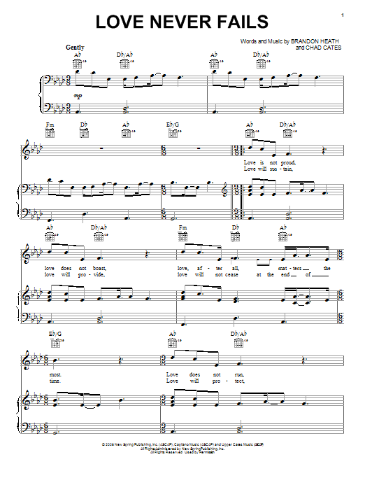 Brandon Heath Love Never Fails Sheet Music Notes & Chords for Piano, Vocal & Guitar (Right-Hand Melody) - Download or Print PDF