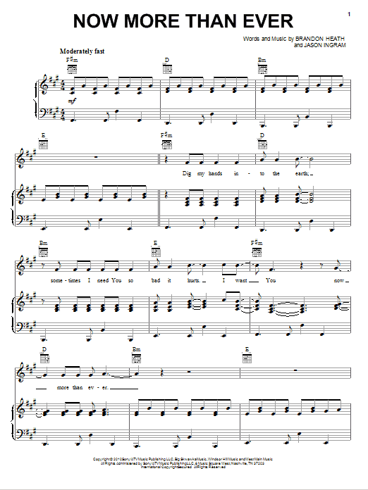 Brandon Heath Now More Than Ever Sheet Music Notes & Chords for Piano, Vocal & Guitar (Right-Hand Melody) - Download or Print PDF