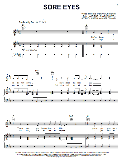 Brandon Heath Sore Eyes Sheet Music Notes & Chords for Piano, Vocal & Guitar (Right-Hand Melody) - Download or Print PDF