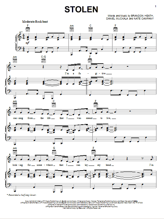 Brandon Heath Stolen Sheet Music Notes & Chords for Piano, Vocal & Guitar (Right-Hand Melody) - Download or Print PDF