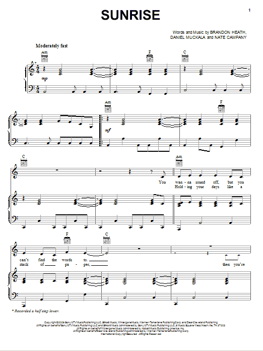 Brandon Heath Sunrise Sheet Music Notes & Chords for Piano, Vocal & Guitar (Right-Hand Melody) - Download or Print PDF