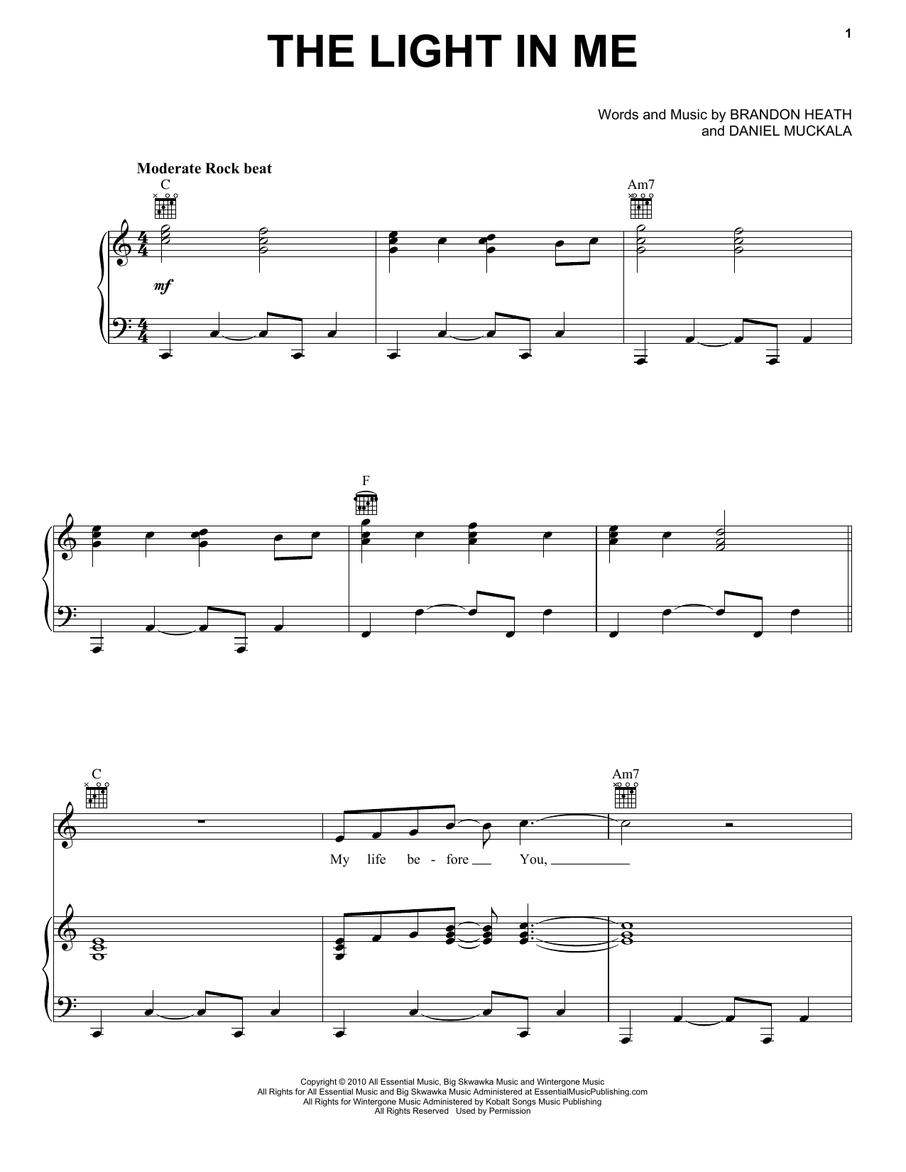 Brandon Heath The Light In Me Sheet Music Notes & Chords for Piano, Vocal & Guitar (Right-Hand Melody) - Download or Print PDF