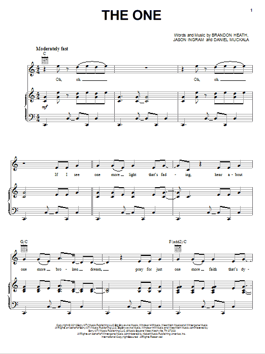 Brandon Heath The One Sheet Music Notes & Chords for Piano, Vocal & Guitar (Right-Hand Melody) - Download or Print PDF