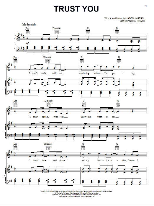 Brandon Heath Trust You Sheet Music Notes & Chords for Piano, Vocal & Guitar (Right-Hand Melody) - Download or Print PDF