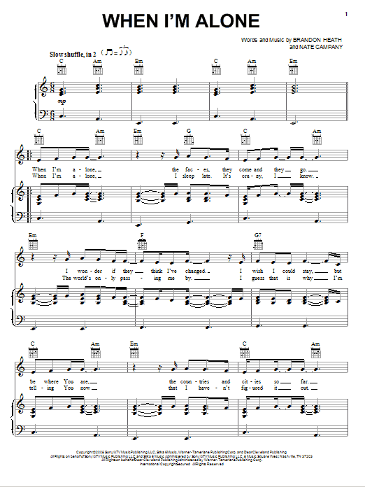 Brandon Heath When I'm Alone Sheet Music Notes & Chords for Piano, Vocal & Guitar (Right-Hand Melody) - Download or Print PDF