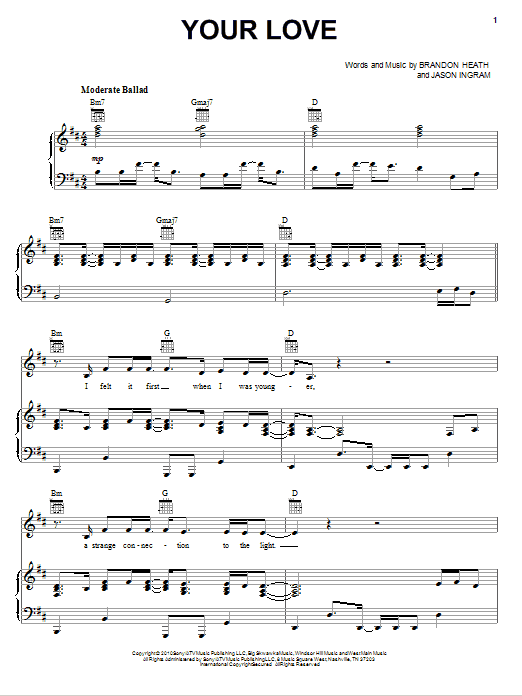 Brandon Heath Your Love Sheet Music Notes & Chords for Piano, Vocal & Guitar (Right-Hand Melody) - Download or Print PDF