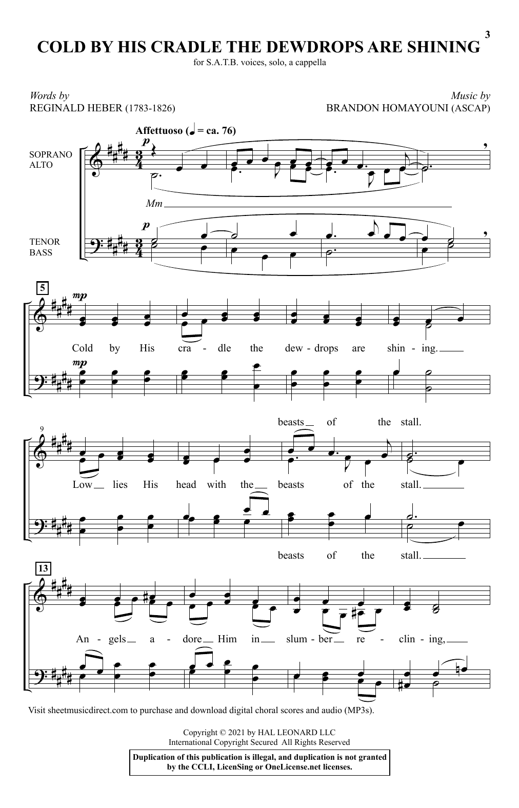 Reginald Heber and Brandon Homayouni Cold By His Cradle The Dewdrops Are Shining Sheet Music Notes & Chords for SATB Choir - Download or Print PDF