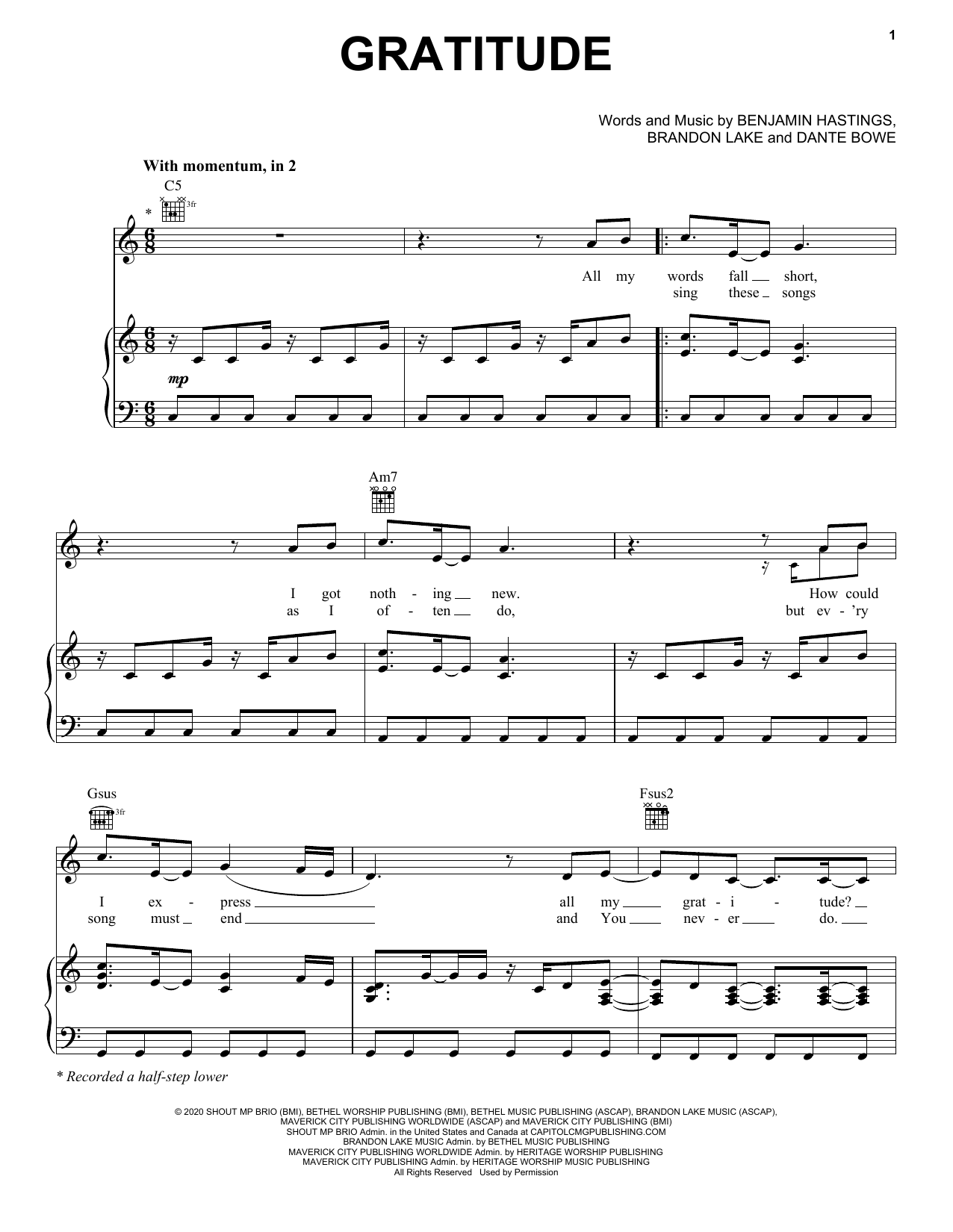 Brandon Lake Gratitude Sheet Music Notes & Chords for Piano, Vocal & Guitar Chords (Right-Hand Melody) - Download or Print PDF