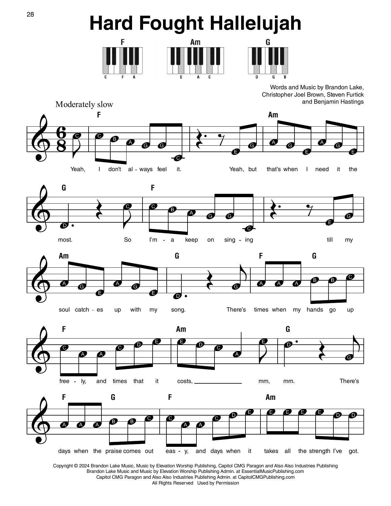 Brandon Lake Hard Fought Hallelujah (feat. Jelly Roll) Sheet Music Notes & Chords for Super Easy Piano - Download or Print PDF