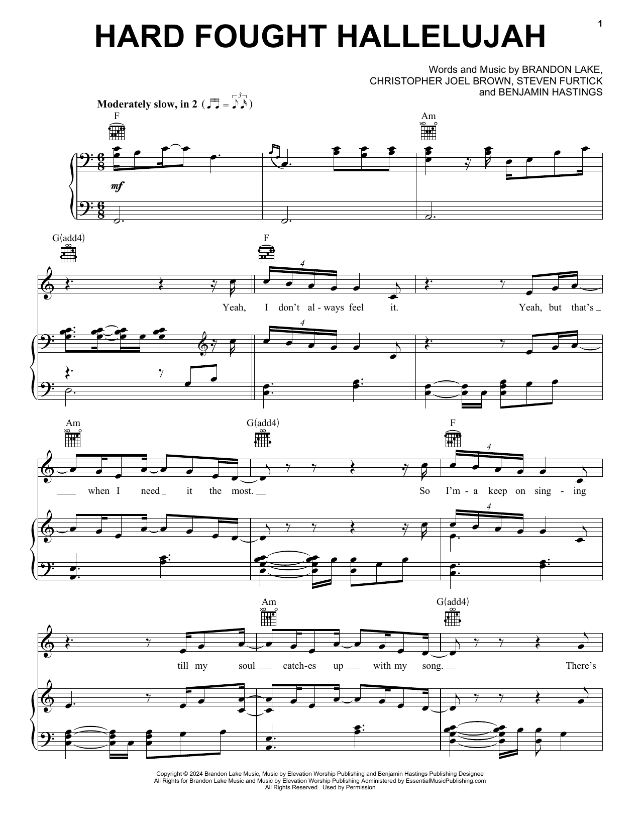 Brandon Lake Hard Fought Hallelujah (with Jelly Roll) Sheet Music Notes & Chords for Piano, Vocal & Guitar Chords (Right-Hand Melody) - Download or Print PDF Brandon Lake Hard Fought Hallelujah (with Jelly Roll) Sheet Music Notes & Chords for Piano, Vocal & Guitar Chords (Right-Hand Melody) - Download or Print PDF
