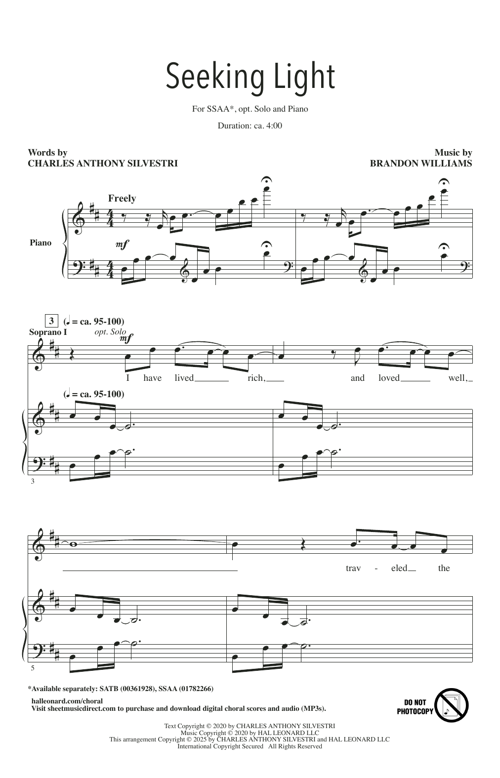 Brandon Williams Seeking Light Sheet Music Notes & Chords for SSAA Choir - Download or Print PDF Brandon Williams Seeking Light Sheet Music Notes & Chords for SSAA Choir - Download or Print PDF