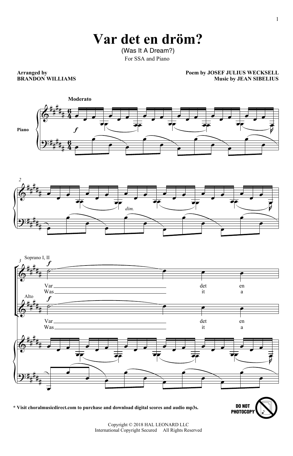 Brandon Williams Var Det En Drom? Sheet Music Notes & Chords for SSA - Download or Print PDF
