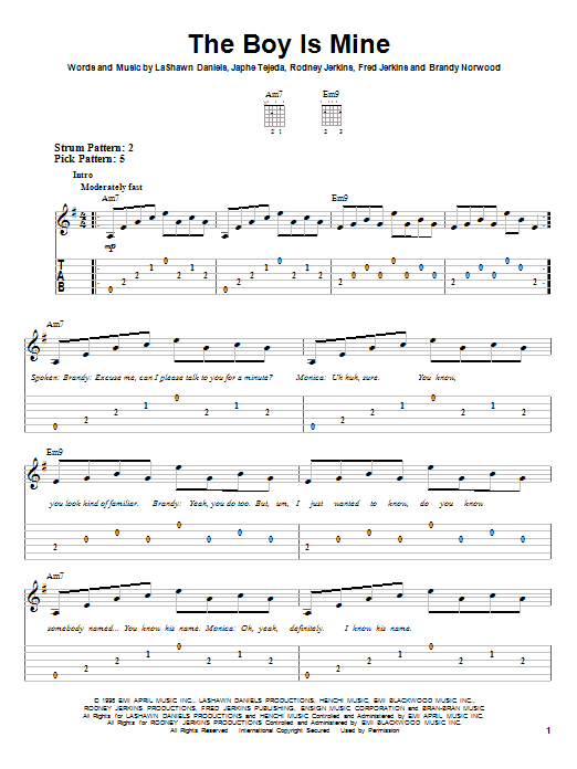 Brandy & Monica The Boy Is Mine Sheet Music Notes & Chords for Easy Guitar Tab - Download or Print PDF