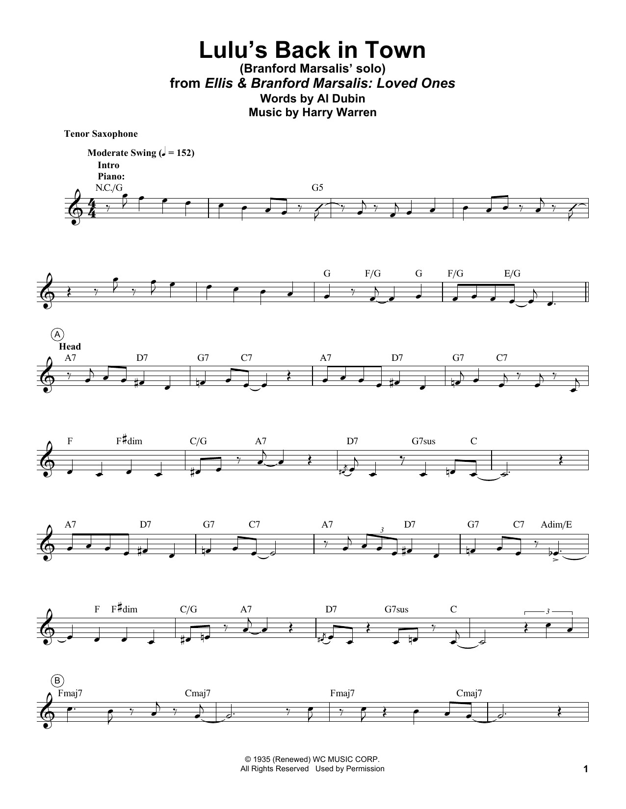 Branford Marsalis Lulu's Back In Town Sheet Music Notes & Chords for Tenor Sax Transcription - Download or Print PDF