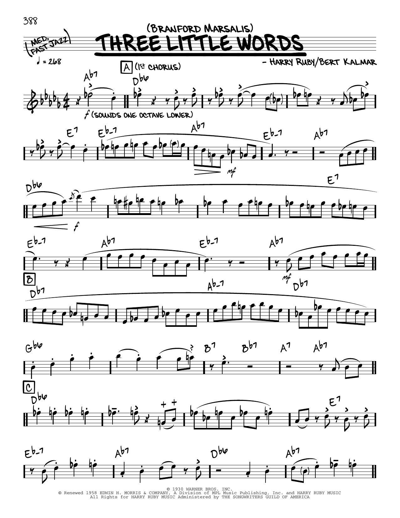 Branford Marsalis Three Little Words (solo only) Sheet Music Notes & Chords for Real Book – Melody & Chords - Download or Print PDF