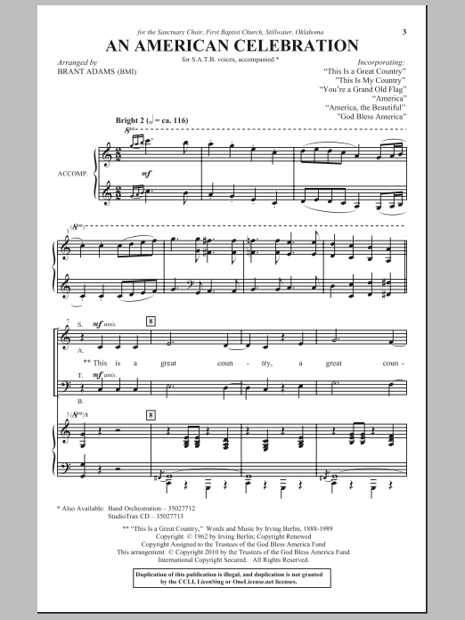 Brant Adams An American Celebration Sheet Music Notes & Chords for SATB - Download or Print PDF