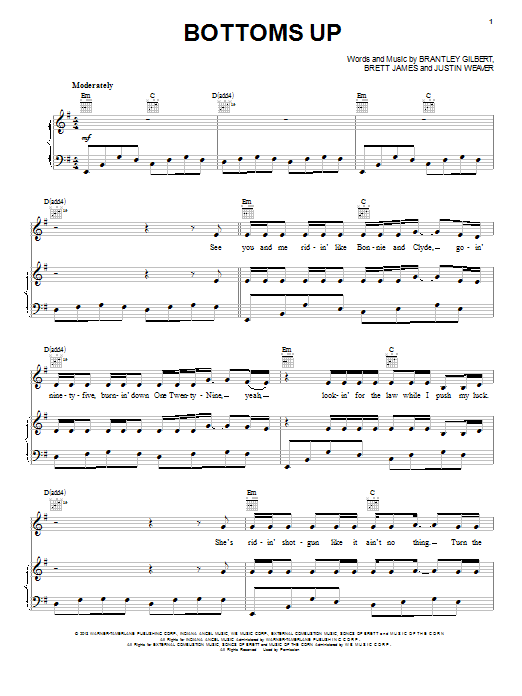 Brantley Gilbert Bottoms Up Sheet Music Notes & Chords for Piano, Vocal & Guitar (Right-Hand Melody) - Download or Print PDF Brantley Gilbert Bottoms Up Sheet Music Notes & Chords for Piano, Vocal & Guitar (Right-Hand Melody) - Download or Print PDF