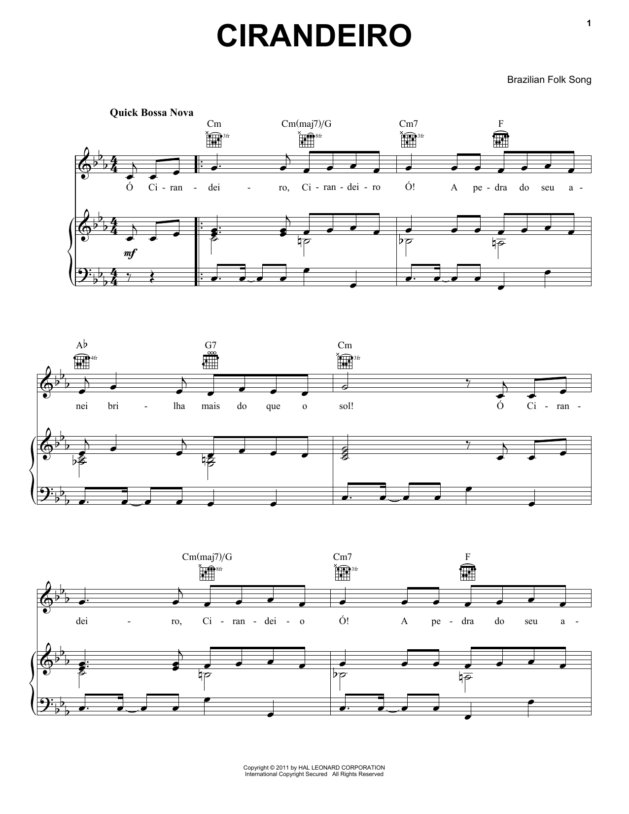 Brazilian Folk Song Cirandeiro Sheet Music Notes & Chords for Piano, Vocal & Guitar (Right-Hand Melody) - Download or Print PDF