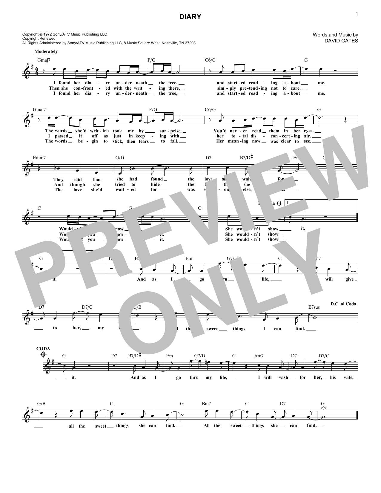 Bread Diary Sheet Music Notes & Chords for Melody Line, Lyrics & Chords - Download or Print PDF