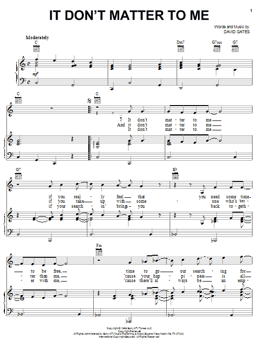 Bread It Don't Matter To Me Sheet Music Notes & Chords for Piano, Vocal & Guitar (Right-Hand Melody) - Download or Print PDF