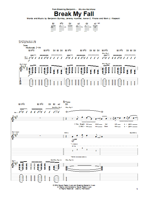 Breaking Benjamin Break My Fall Sheet Music Notes & Chords for Guitar Tab - Download or Print PDF