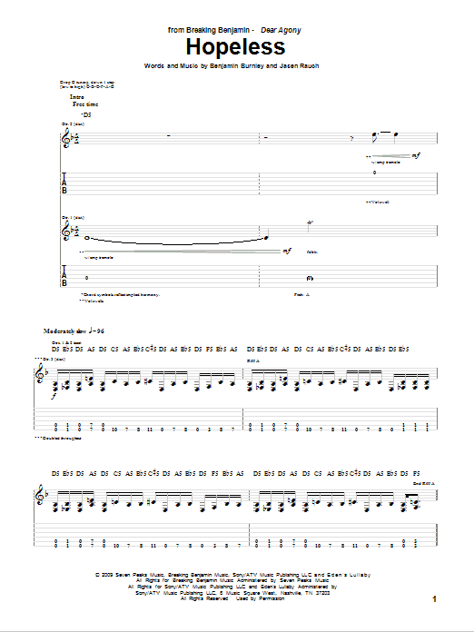 Breaking Benjamin Hopeless Sheet Music Notes & Chords for Guitar Tab - Download or Print PDF