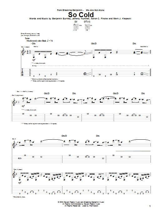 Breaking Benjamin So Cold Sheet Music Notes & Chords for Guitar Tab - Download or Print PDF