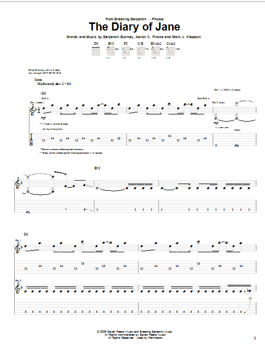 Breaking Benjamin The Diary Of Jane Sheet Music Notes & Chords for Guitar Tab - Download or Print PDF