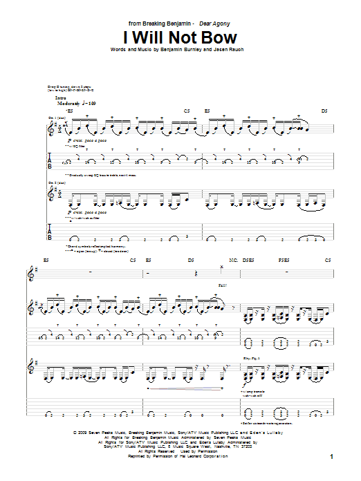 Preview Breaking Benjamin I Will Not Bow Metal sheet music, notes and chords for Guitar Tab, SKU: 72205 I Will Not Bow sheet music