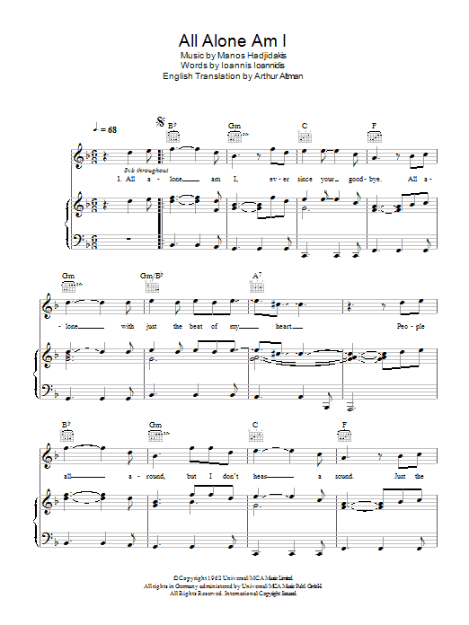 Brenda Lee All Alone Am I Sheet Music Notes & Chords for Piano, Vocal & Guitar (Right-Hand Melody) - Download or Print PDF