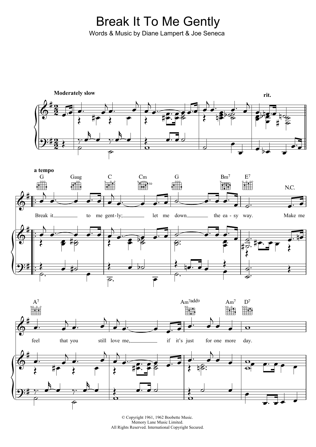 Brenda Lee Break It To Me Gently Sheet Music Notes & Chords for Piano, Vocal & Guitar (Right-Hand Melody) - Download or Print PDF