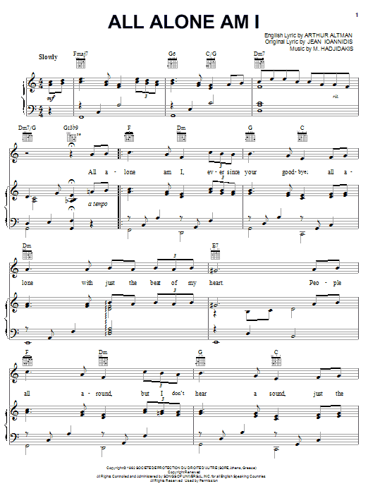 Preview Brenda Lee All Alone Am I Easy Listening sheet music, notes and chords for Piano, Vocal & Guitar (Right-Hand Melody), SKU: 49292 All Alone Am I sheet music
