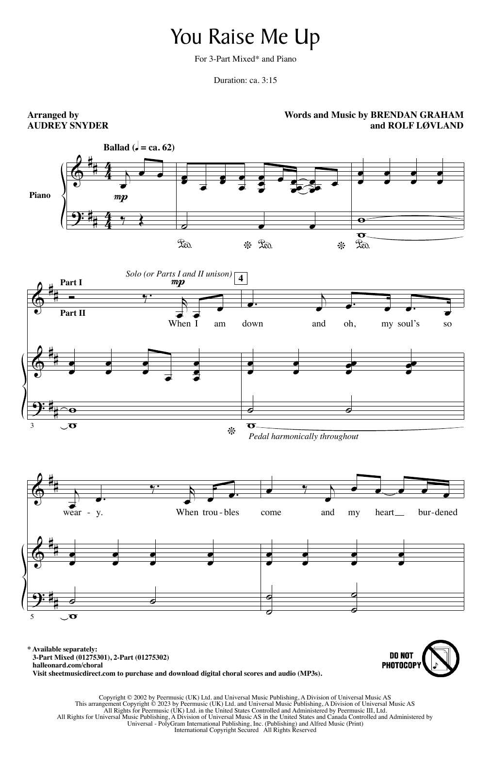 Brendan Graham and Rolf Lovland You Raise Me Up (arr. Audrey Snyder) Sheet Music Notes & Chords for 3-Part Mixed Choir - Download or Print PDF