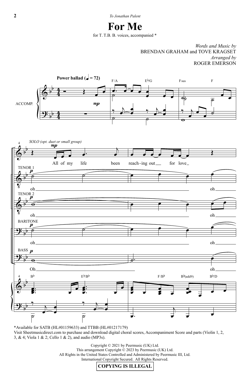 Brendan Graham and Tove Kragset For Me (arr. Roger Emerson) Sheet Music Notes & Chords for TTBB Choir - Download or Print PDF