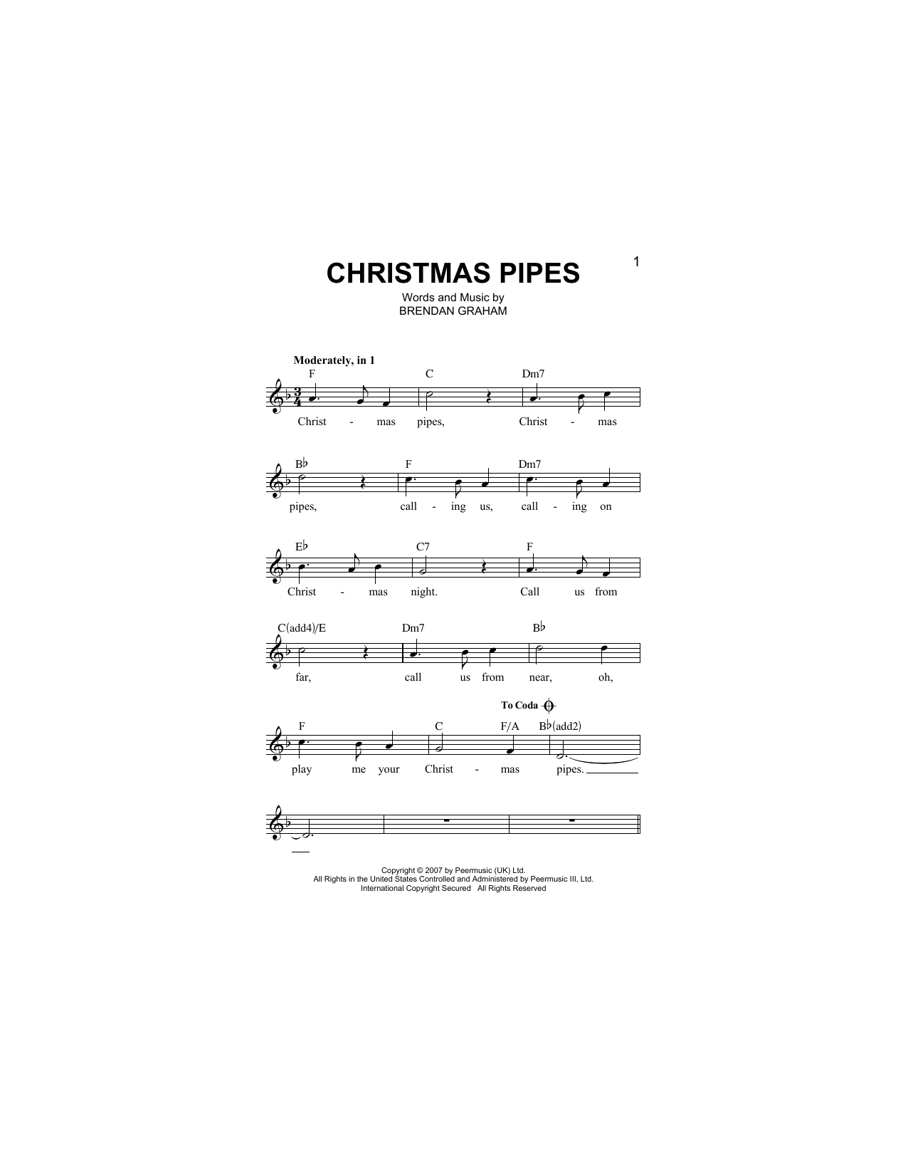 Brendan Graham Christmas Pipes Sheet Music Notes & Chords for Melody Line, Lyrics & Chords - Download or Print PDF