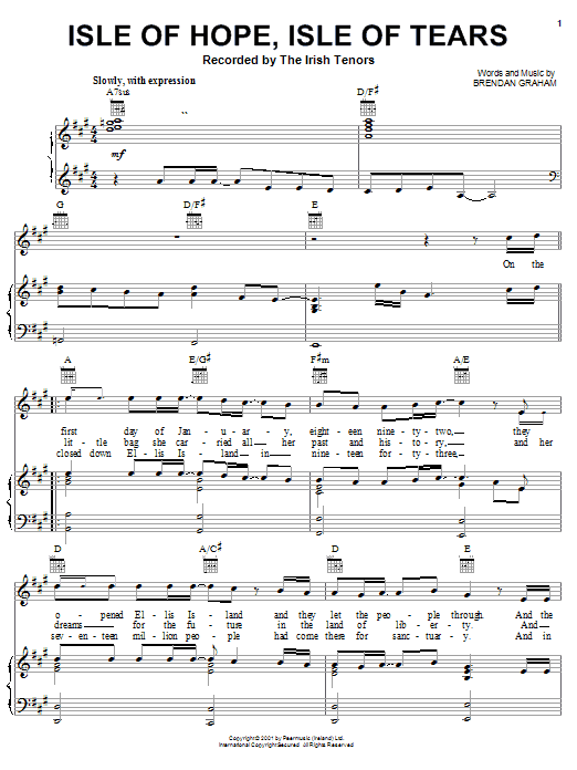 Brendan Graham Isle Of Hope, Isle Of Tears Sheet Music Notes & Chords for Piano, Vocal & Guitar (Right-Hand Melody) - Download or Print PDF