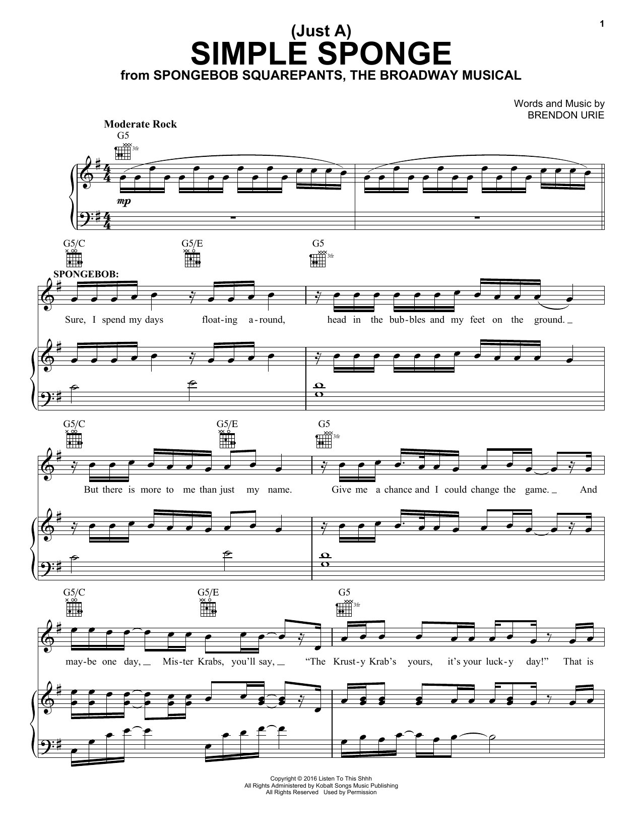 Brendon Urie (Just A) Simple Sponge (from Spongebob Squarepants, The Broadway Musical) Sheet Music Notes & Chords for Piano, Vocal & Guitar Chords (Right-Hand Melody) - Download or Print PDF