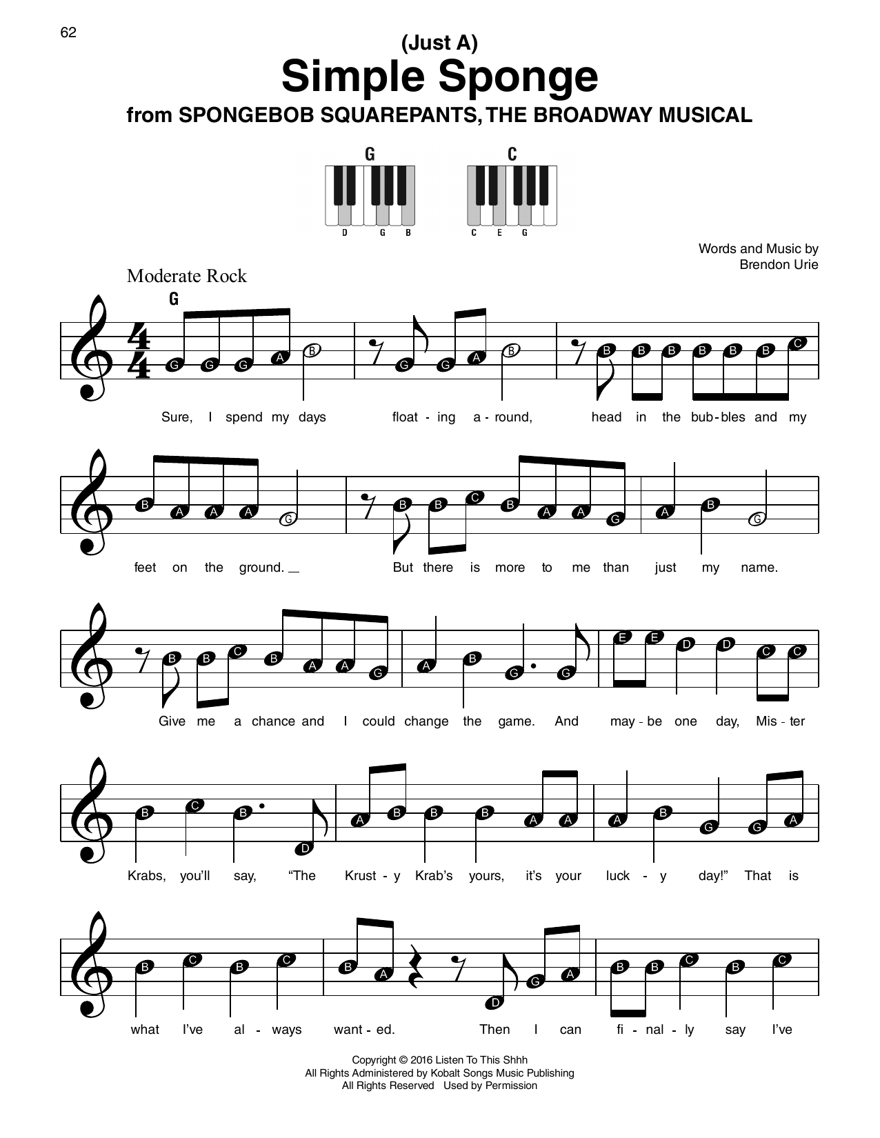 Brendon Urie (Just A) Simple Sponge (from Spongebob Squarepants: The Broadway Musical) Sheet Music Notes & Chords for Super Easy Piano - Download or Print PDF