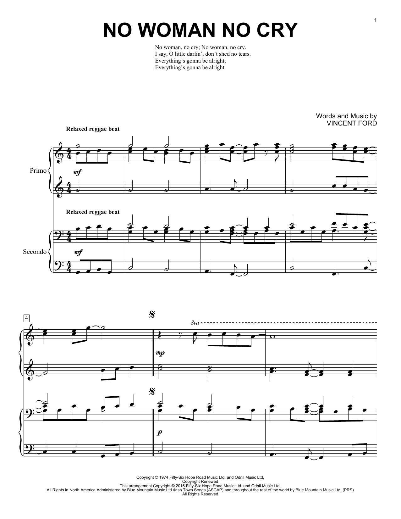 Brent Edstrom No Woman No Cry Sheet Music Notes & Chords for Piano Duet - Download or Print PDF