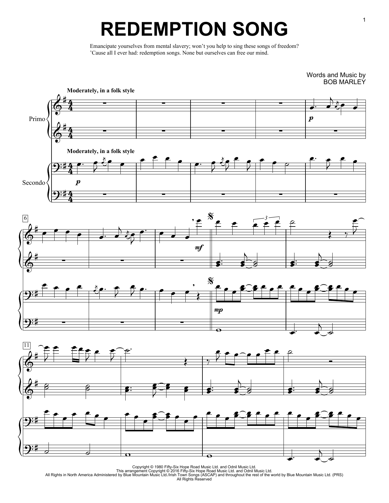 Brent Edstrom Redemption Song Sheet Music Notes & Chords for Piano Duet - Download or Print PDF